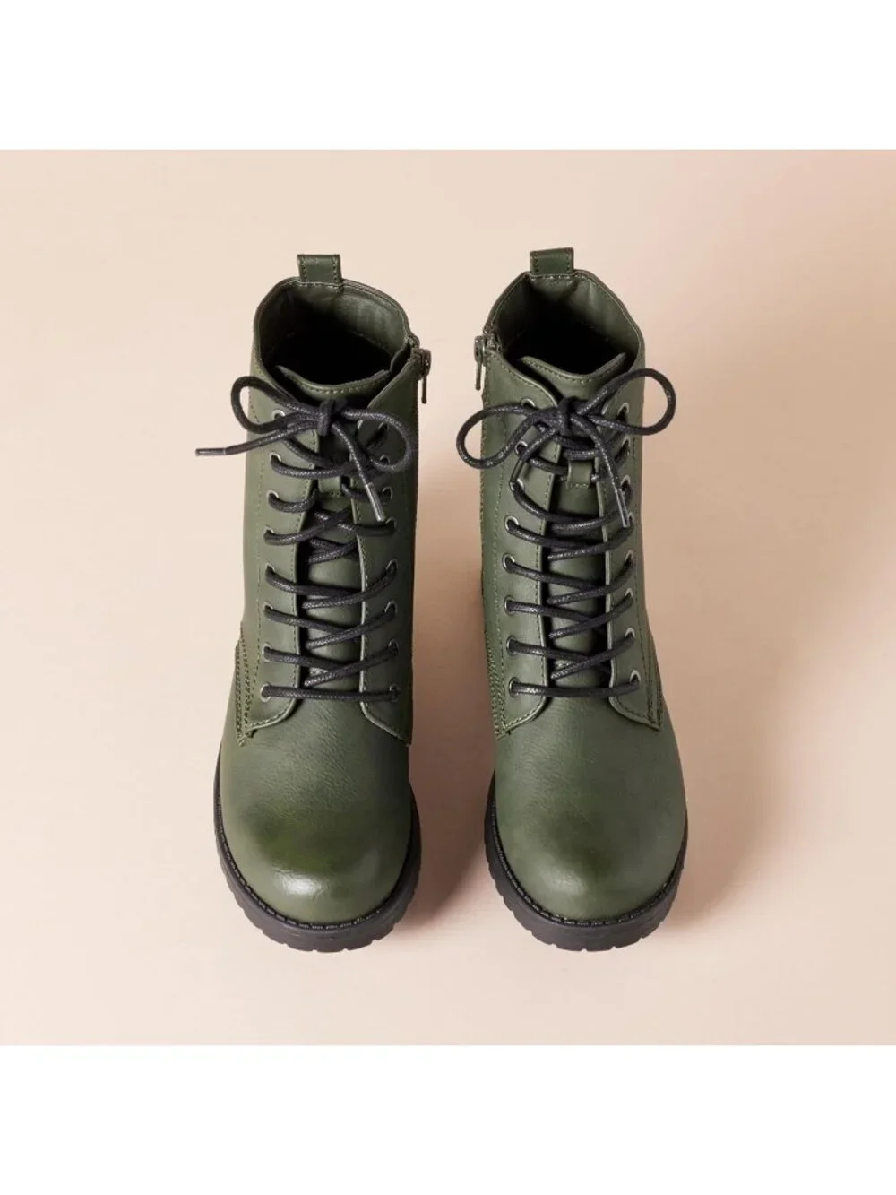 Women's Green Thermoplastic Lace Up Platform Side Zipper Lug Sole Ankle Booties